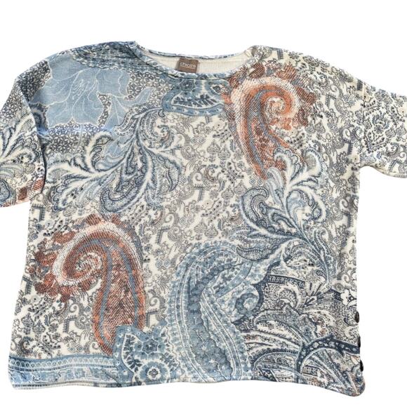 Chico's Pullover Womens 2 Blue Orange Paisley Print Side Button Sweater Knit - Picture 1 of 16